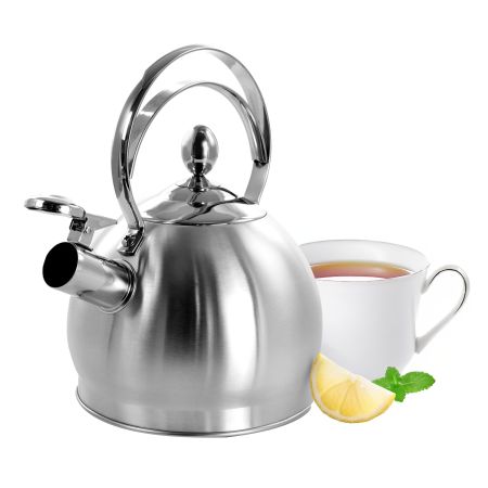 MegaChef 2.8 Liter Round Stovetop Whistling Kettle in Brushed Silver